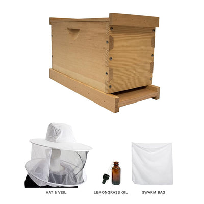 Swarm kit with a deep Langstroth nuc box, hat & veil, lemongrass oil, and a large swarm bag